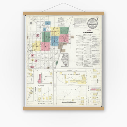 Old map wall art mockup — magnetic wood frame on white wall — Sanborn Fire Insurance Map from Harrisburg, Saline County, Illinois (1913) - Complete Map Set