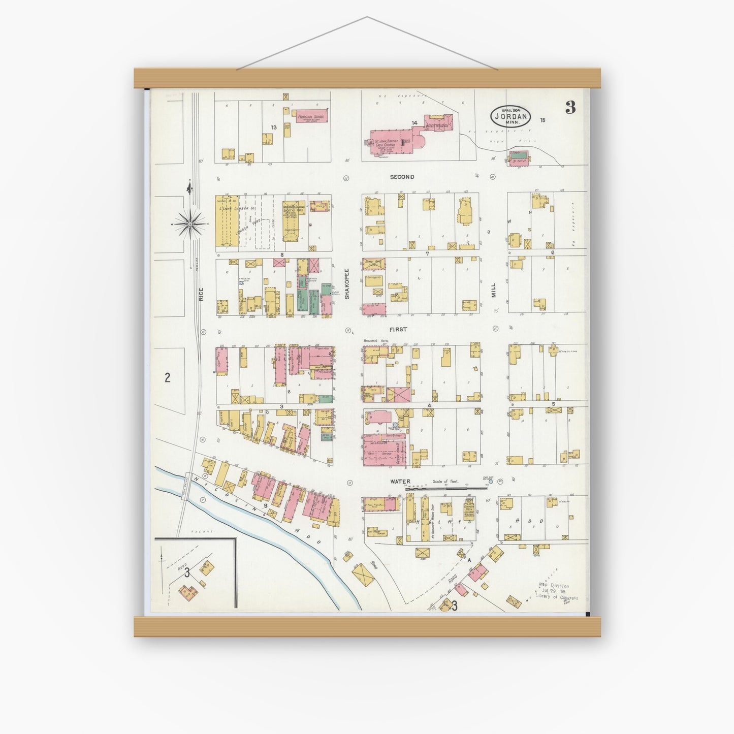 Old map wall art mockup — magnetic wood frame on white wall — Sanborn Fire Insurance Map from Jordan, Scott County, Minnesota (1904), Sheet #0003