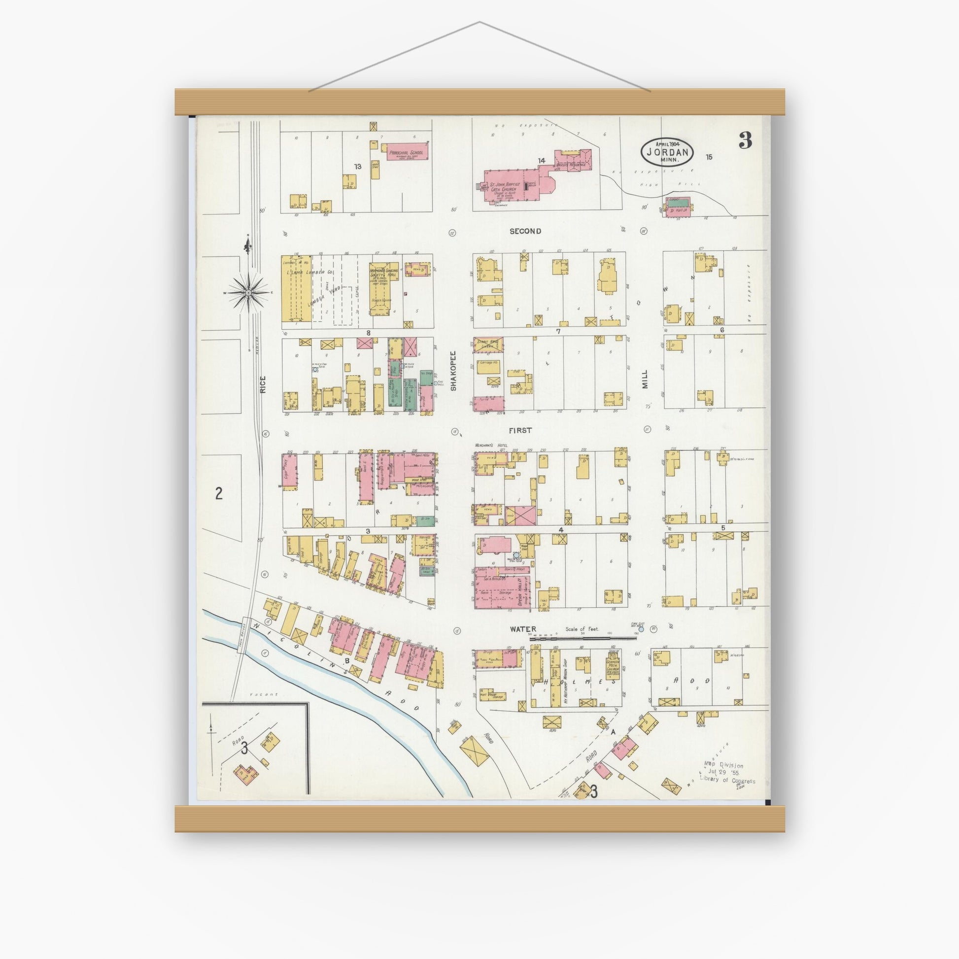 Old map wall art mockup — magnetic wood frame on white wall — Sanborn Fire Insurance Map from Jordan, Scott County, Minnesota (1904), Sheet #0003