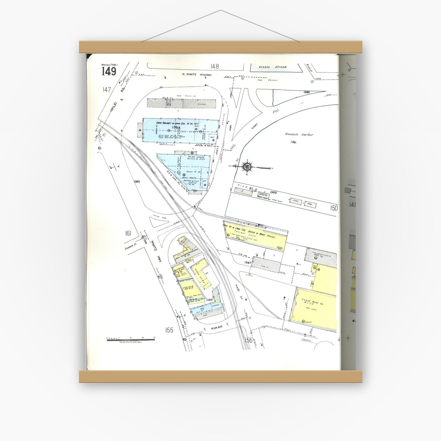 Old map wall art mockup — magnetic wood frame on white wall — Sanborn Fire Insurance Map from Honolulu, Oahu County, Hawaii (1955), Sheet #0149