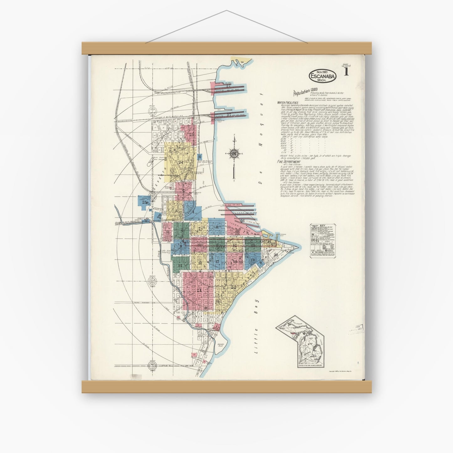 Old map wall art mockup — magnetic wood frame on white wall — Sanborn Fire Insurance Map from Escanaba, Delta County, Michigan (1921) - Complete Map Set