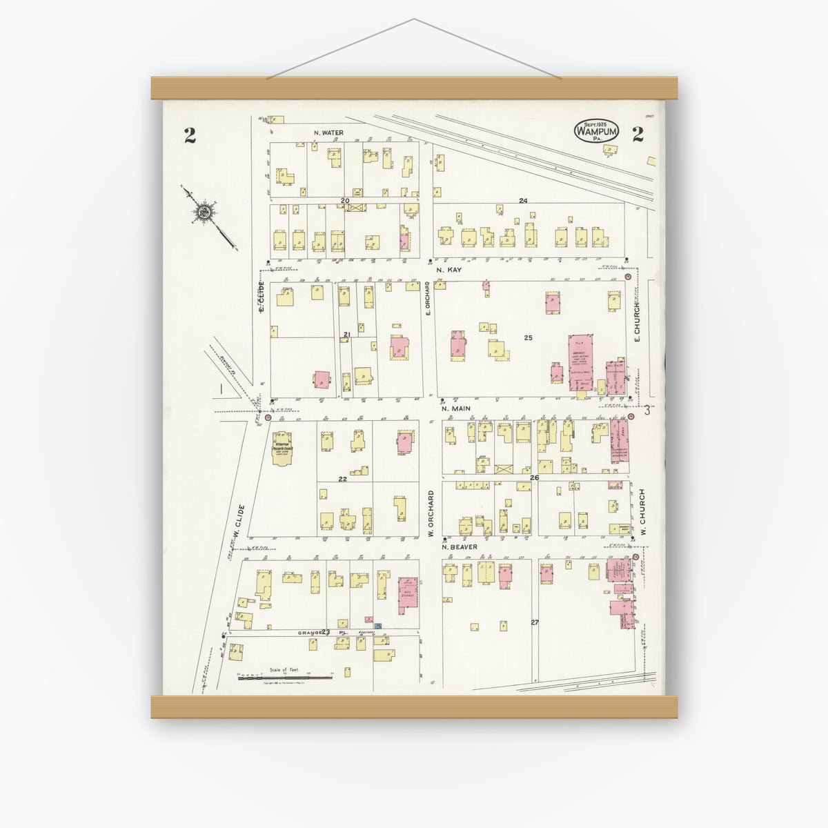 Old map wall art mockup — magnetic wood frame on white wall — Sanborn Fire Insurance Map from Wampum, Lawrence County, Pennsylvania (1925), Sheet #0002