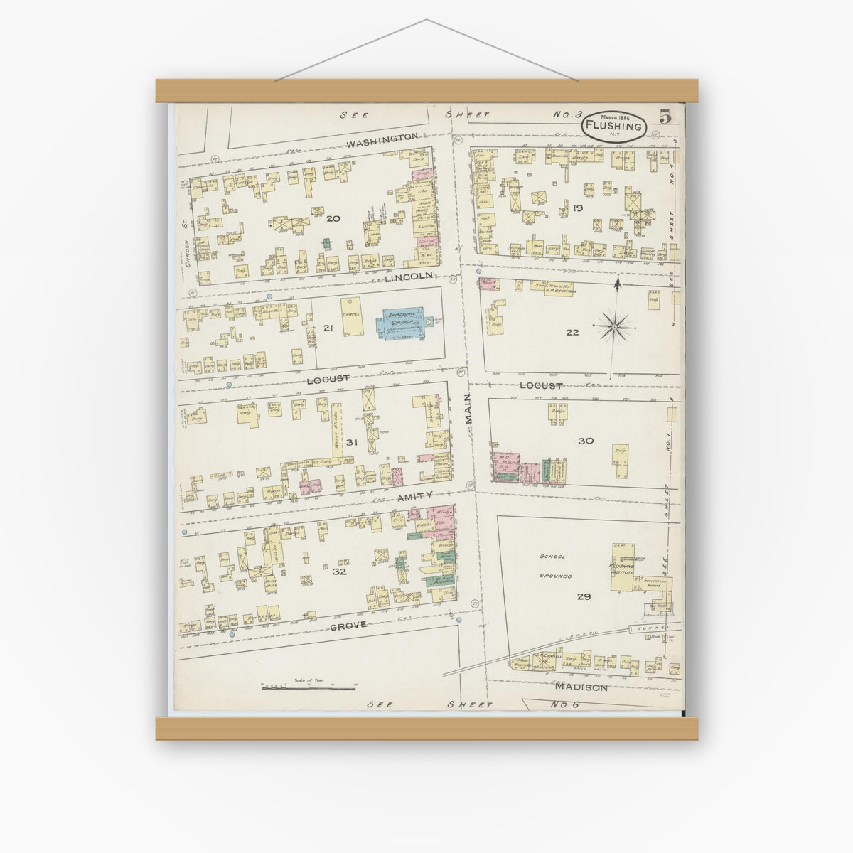 Old map wall art mockup — magnetic wood frame on white wall — Sanborn Fire Insurance Map from Flushing, Queens County, New York (1886), Sheet #0005