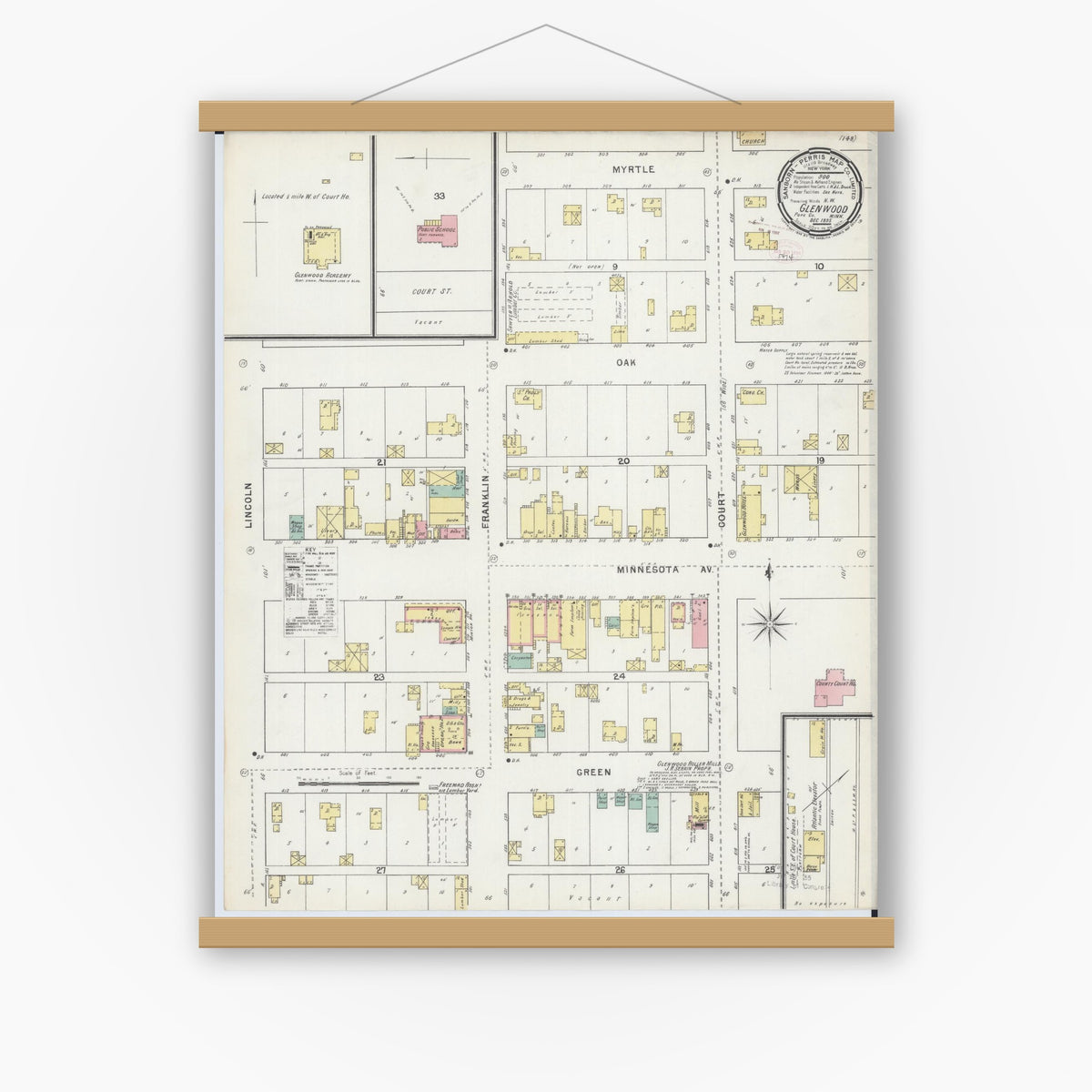 Old map wall art mockup — magnetic wood frame on white wall — Sanborn Fire Insurance Map from Glenwood, Pope County, Minnesota (1895), Sheet #0001