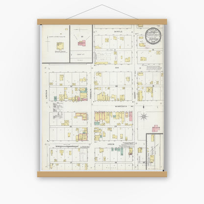 Old map wall art mockup — magnetic wood frame on white wall — Sanborn Fire Insurance Map from Glenwood, Pope County, Minnesota (1895), Sheet #0001
