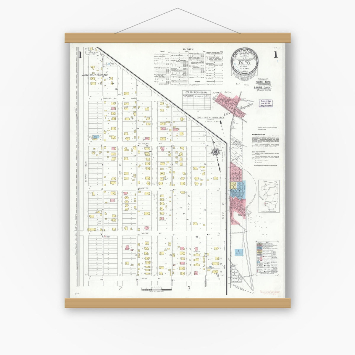 Old map wall art mockup — magnetic wood frame on white wall — Sanborn Fire Insurance Map from Dupo, Saint Clair County, Illinois (1941) - Complete Map Set