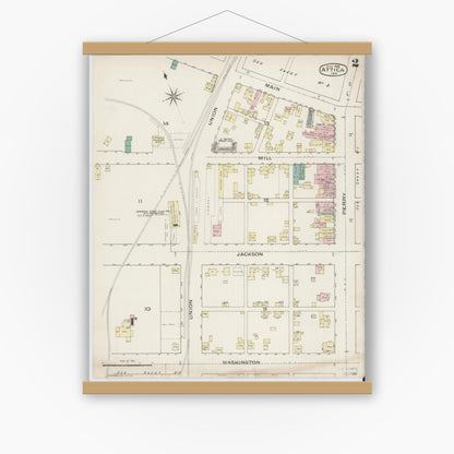 Old map wall art mockup — magnetic wood frame on white wall — Sanborn Fire Insurance Map from Attica, Fountain County, Indiana (1886), Sheet #0002