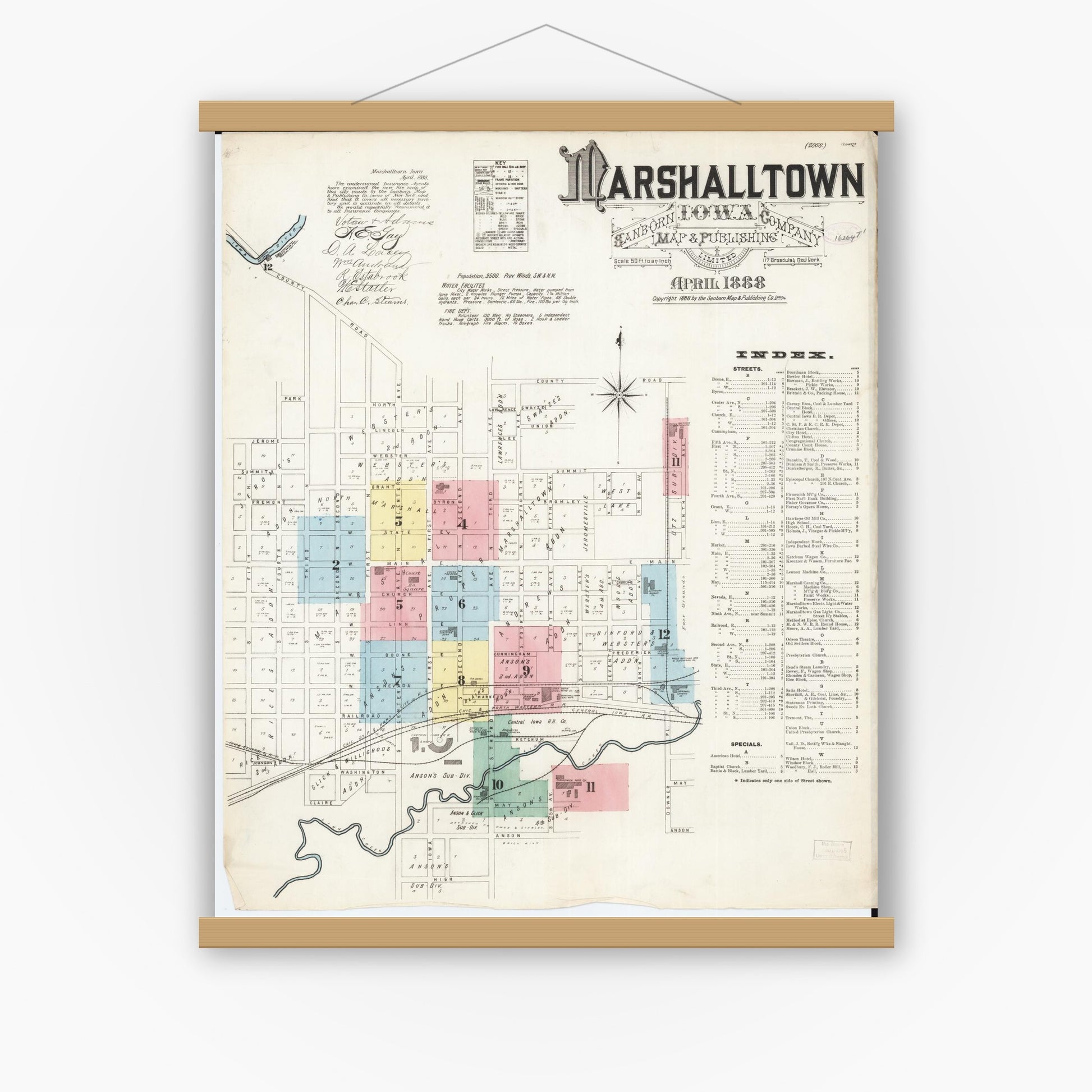 Old map wall art mockup — magnetic wood frame on white wall — Sanborn Fire Insurance Map from Marshalltown, Marshall County, Iowa (1888) â€” Complete Set