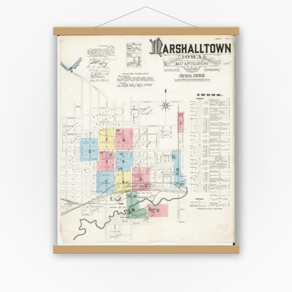 Old map wall art mockup — magnetic wood frame on white wall — Sanborn Fire Insurance Map from Marshalltown, Marshall County, Iowa (1888) â€” Complete Set