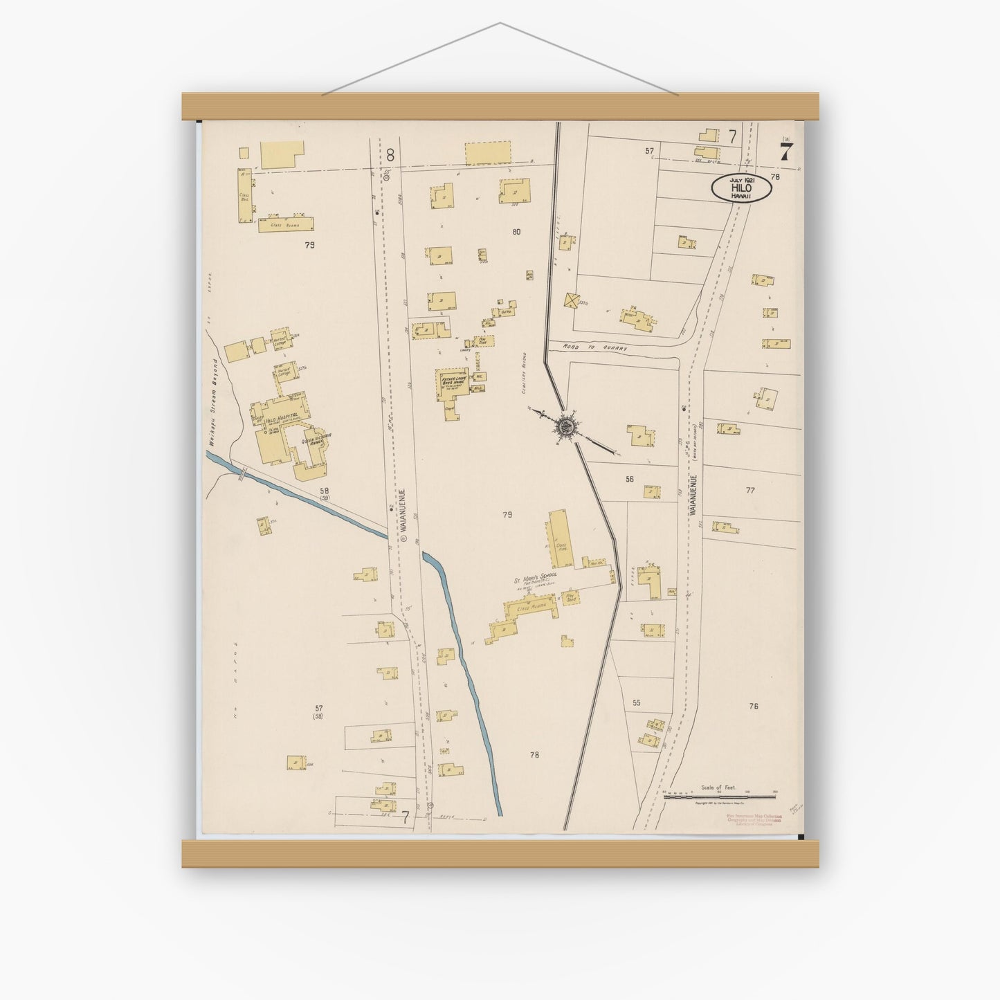 Old map wall art mockup — magnetic wood frame on white wall — Sanborn Fire Insurance Map from Hilo, Hawaii County, Hawaii (1921), Sheet #0007