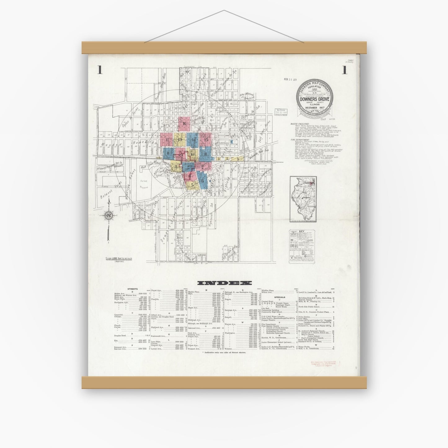 Old map wall art mockup — magnetic wood frame on white wall — Sanborn Fire Insurance Map from Downers Grove, Dupage County, Illinois (1927) - Complete Map Set