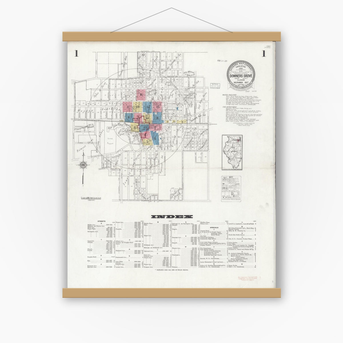 Old map wall art mockup — magnetic wood frame on white wall — Sanborn Fire Insurance Map from Downers Grove, Dupage County, Illinois (1927) - Complete Map Set
