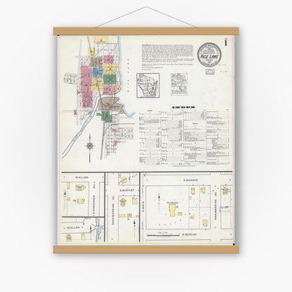 Old map wall art mockup — magnetic wood frame on white wall — Sanborn Fire Insurance Map from Rice Lake, Barron County, Wisconsin (1917) - Complete Map Set