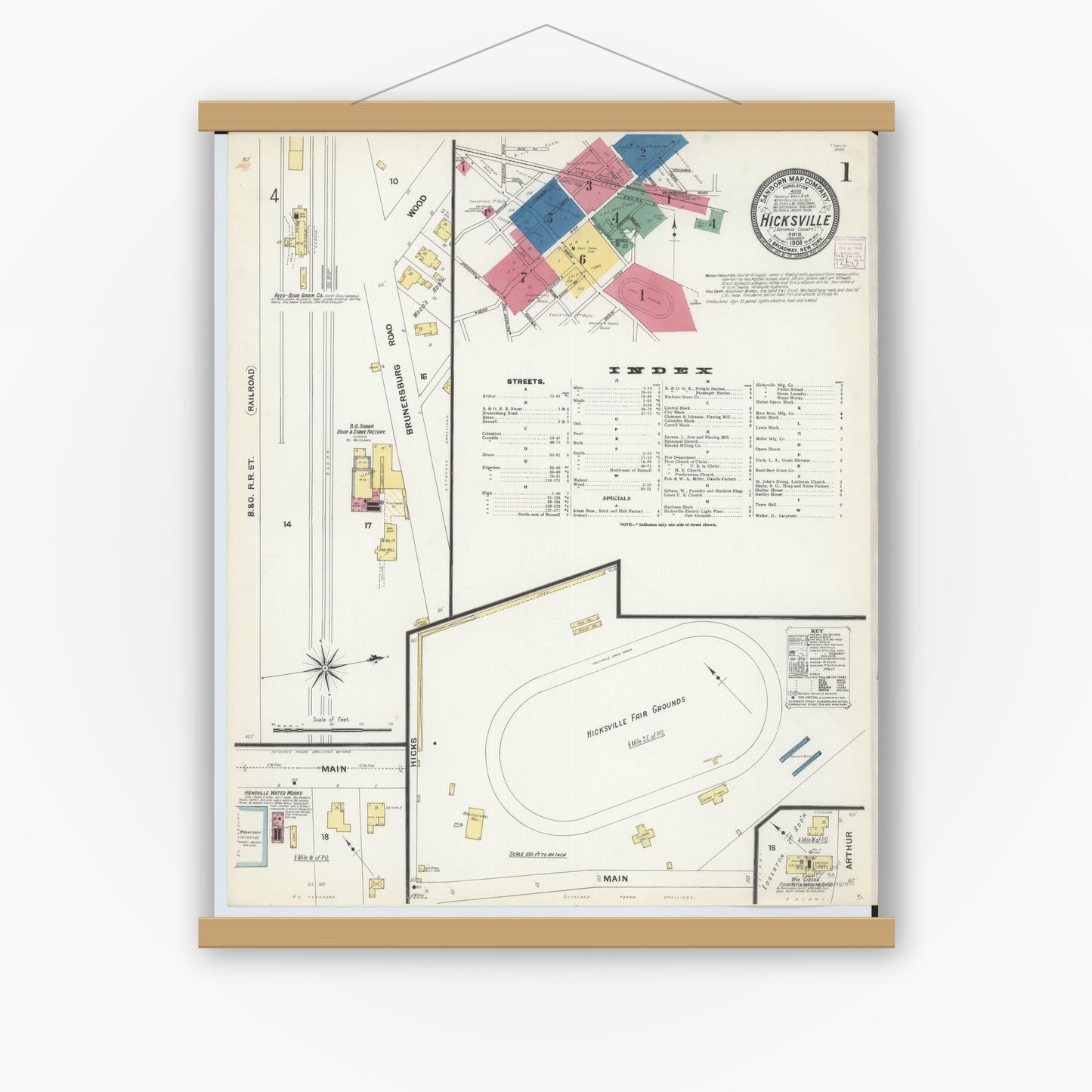 Old map wall art mockup — magnetic wood frame on white wall — Sanborn Fire Insurance Map from Hicksville, Defiance County, Ohio (1908) - Complete Map Set