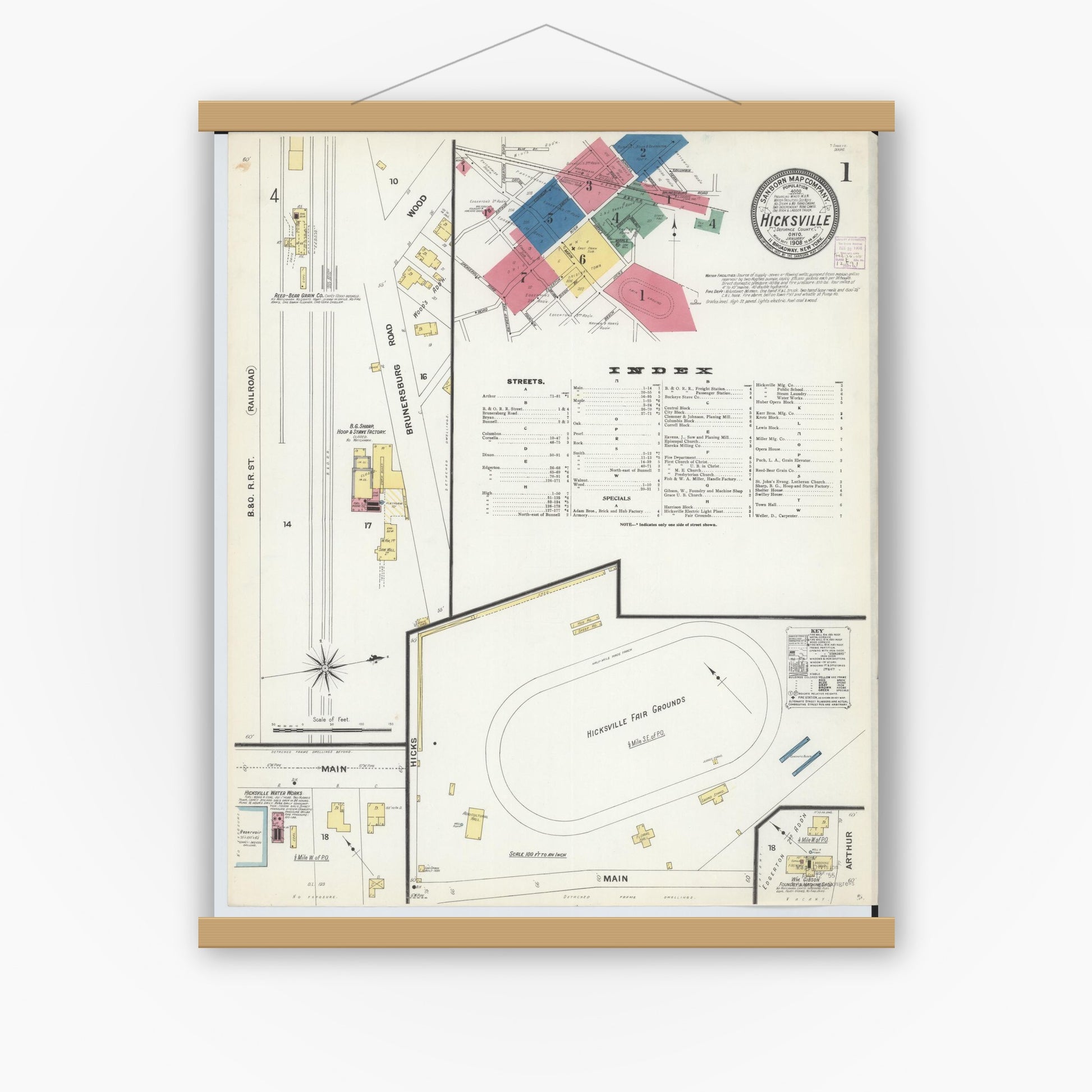 Old map wall art mockup — magnetic wood frame on white wall — Sanborn Fire Insurance Map from Hicksville, Defiance County, Ohio (1908) - Complete Map Set
