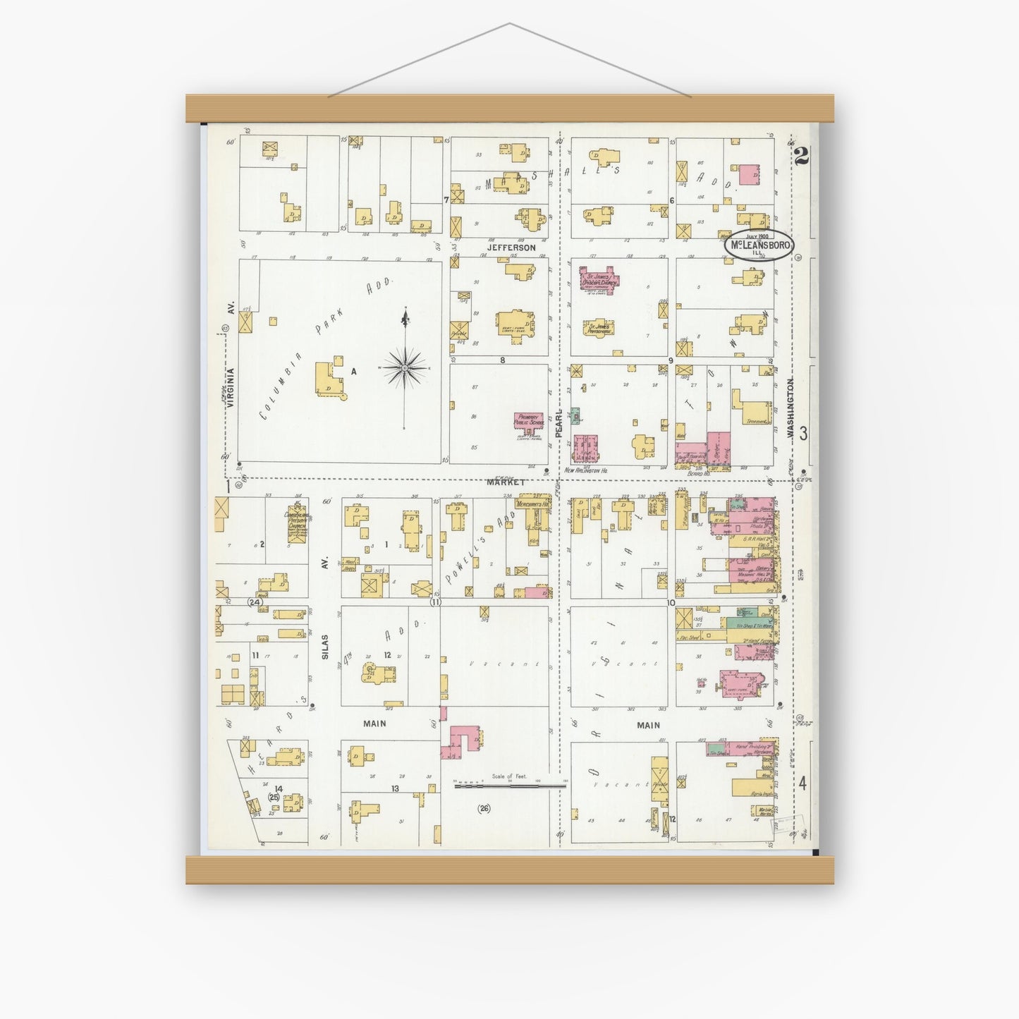 Old map wall art mockup — magnetic wood frame on white wall — Sanborn Fire Insurance Map from Mcleansboro, Hamilton County, Illinois (1900), Sheet #0002