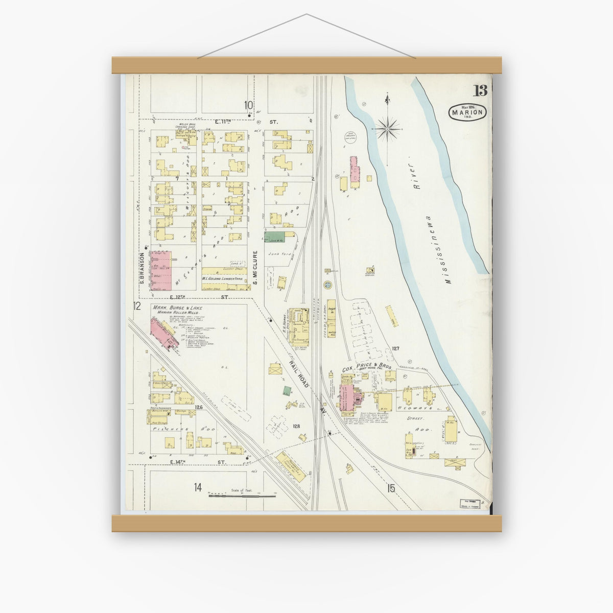 Old map wall art mockup — magnetic wood frame on white wall — Sanborn Fire Insurance Map from Marion, Grant County, Indiana (1896), Sheet #0013