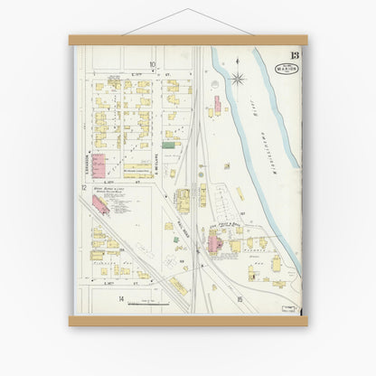 Old map wall art mockup — magnetic wood frame on white wall — Sanborn Fire Insurance Map from Marion, Grant County, Indiana (1896), Sheet #0013