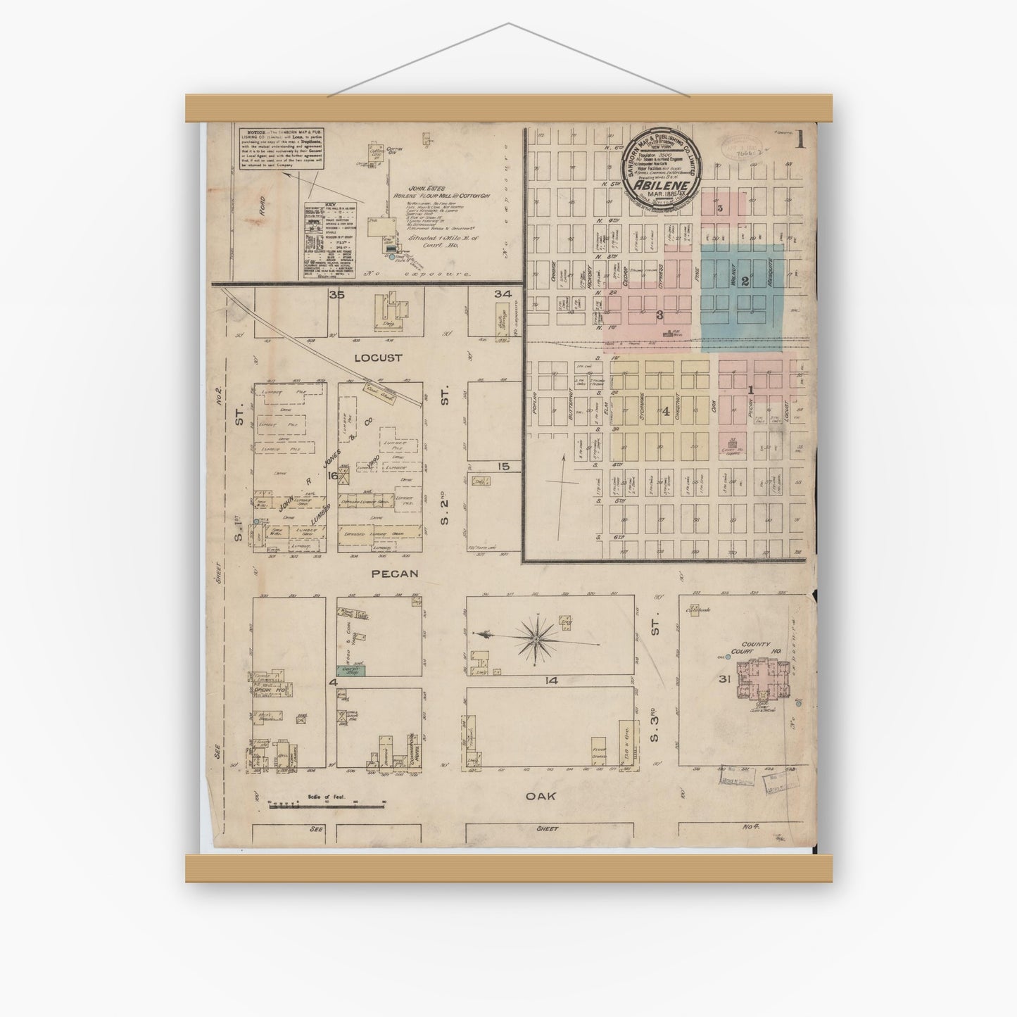 Old map wall art mockup — magnetic wood frame on white wall — Sanborn Fire Insurance Map from Abilene, Taylor County, Texas (1885), Sheet #0001