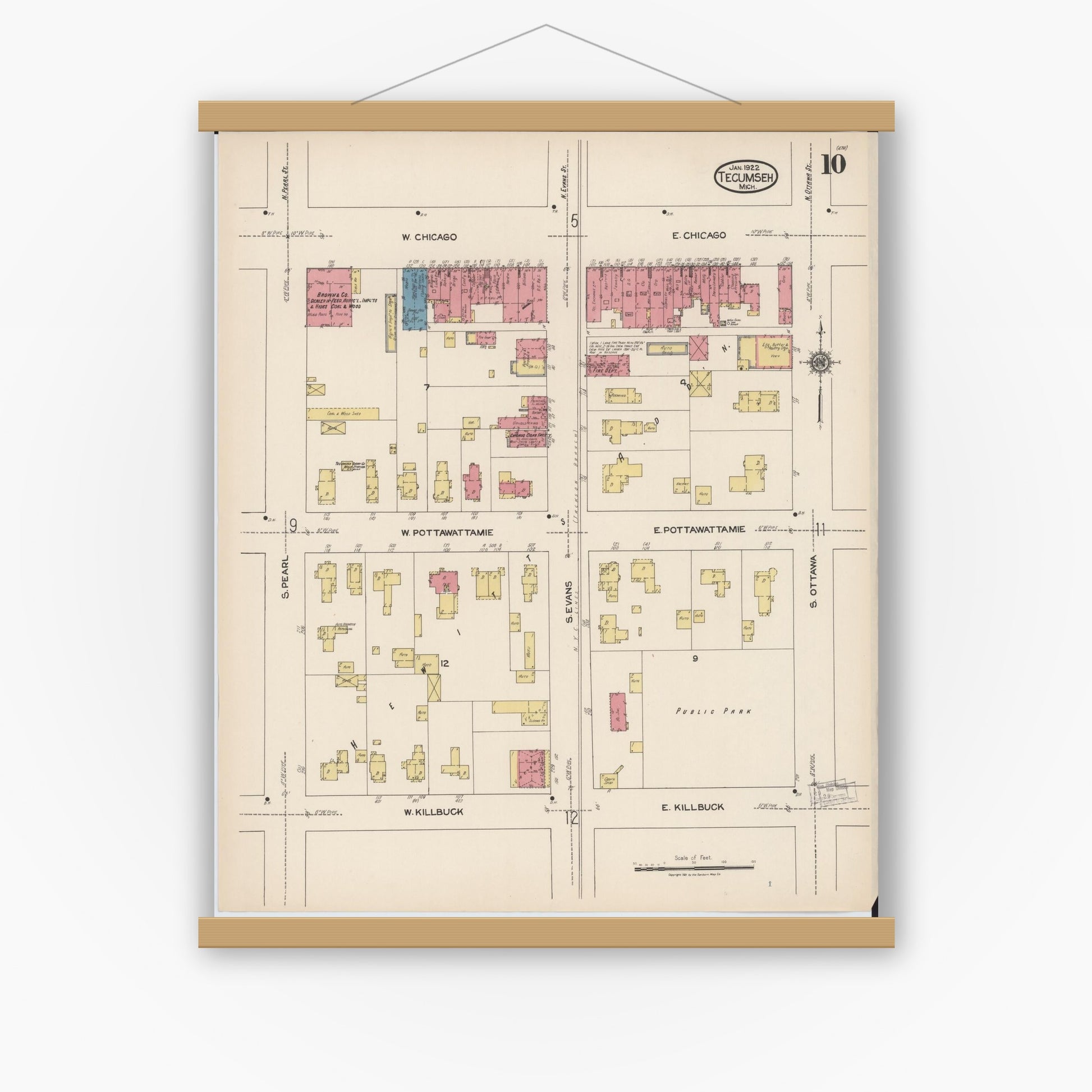 Old map wall art mockup — magnetic wood frame on white wall — Sanborn Fire Insurance Map from Tecumseh, Lenawee County, Michigan (1922), Sheet #0010
