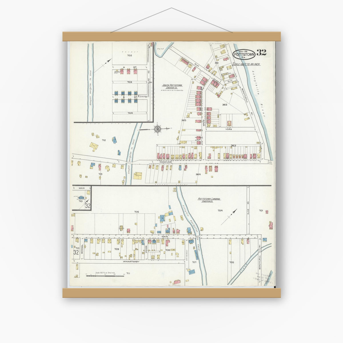 Old map wall art mockup — magnetic wood frame on white wall — Sanborn Fire Insurance Map from Pottstown, Montgomery County, Pennsylvania (1916), Sheet #0032