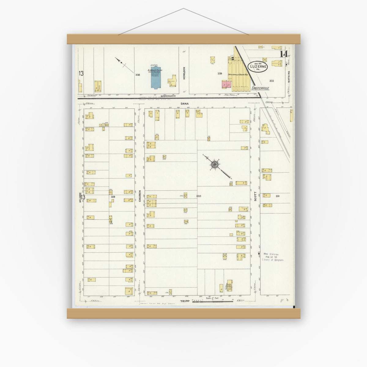 Old map wall art mockup — magnetic wood frame on white wall — Sanborn Fire Insurance Map from Luzerne, Luzerne County, Pennsylvania (1911), Sheet #0014