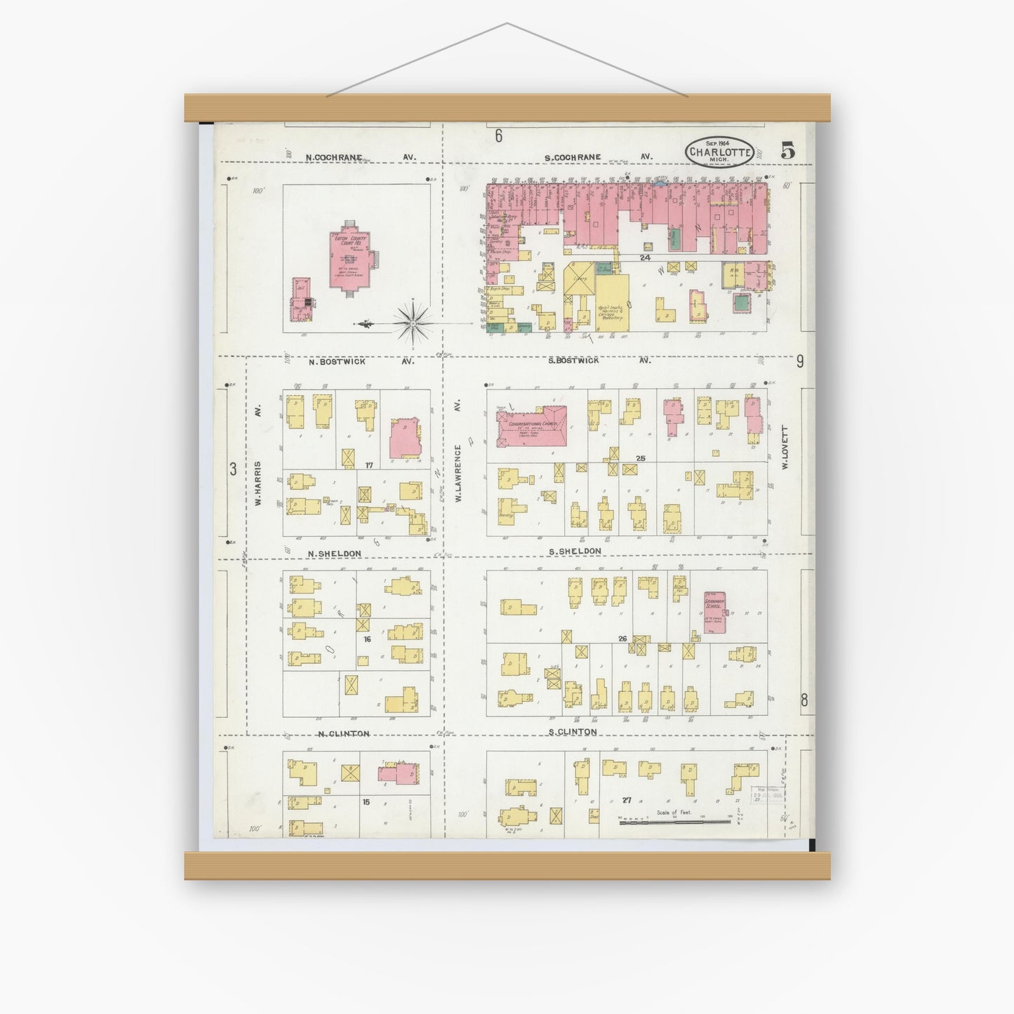 Old map wall art mockup — magnetic wood frame on white wall — Sanborn Fire Insurance Map from Charlotte, Eaton County, Michigan (1904), Sheet #0005