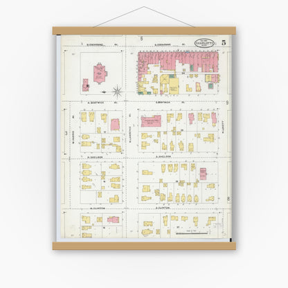 Old map wall art mockup — magnetic wood frame on white wall — Sanborn Fire Insurance Map from Charlotte, Eaton County, Michigan (1904), Sheet #0005