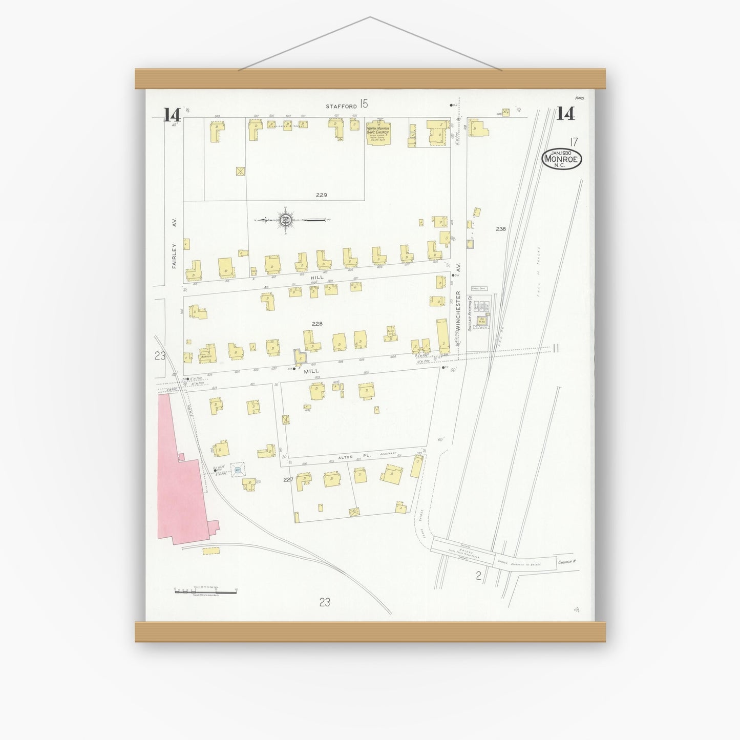 Old map wall art mockup — magnetic wood frame on white wall — Sanborn Fire Insurance Map from Monroe, Union County, North Carolina (1930), Sheet #0014