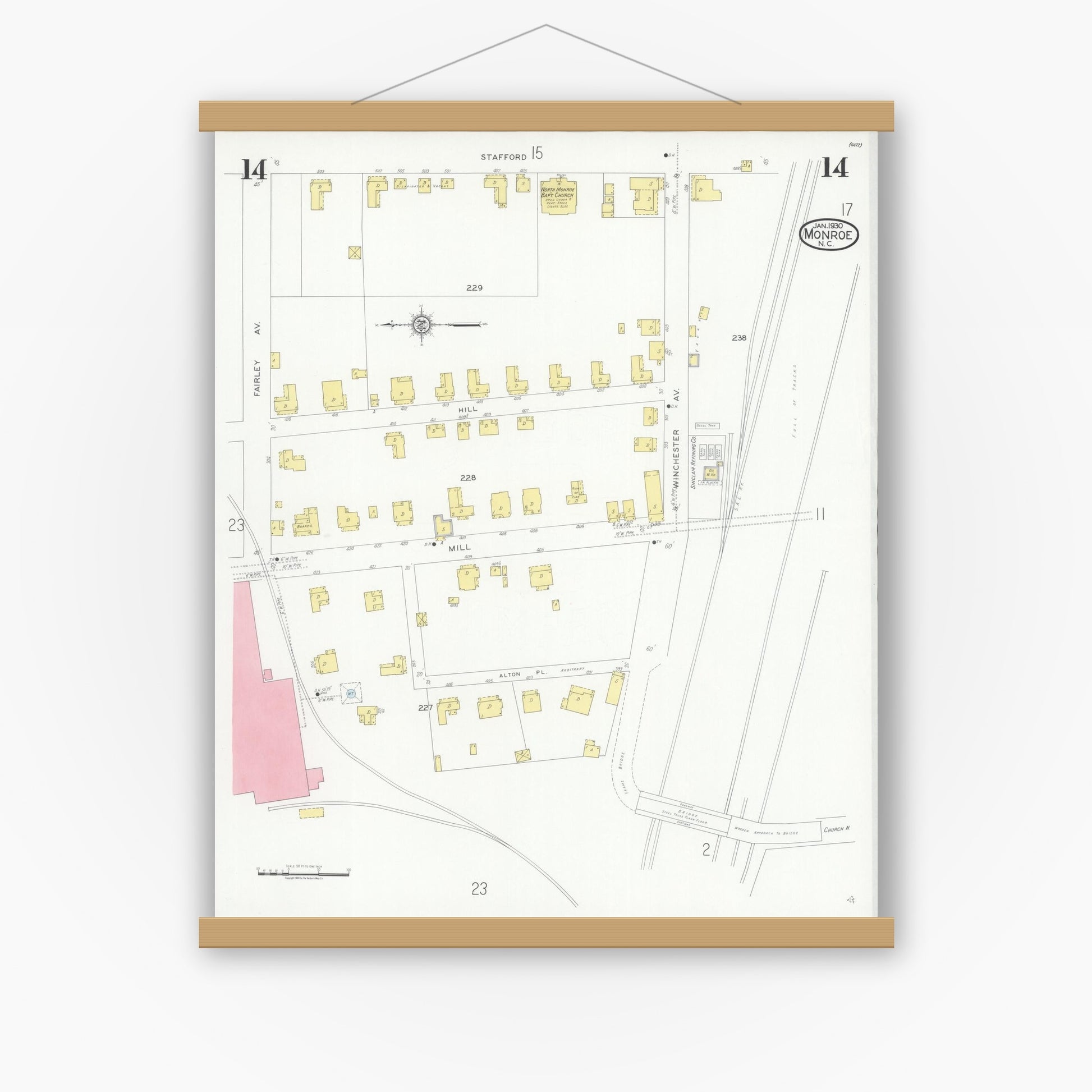 Old map wall art mockup — magnetic wood frame on white wall — Sanborn Fire Insurance Map from Monroe, Union County, North Carolina (1930), Sheet #0014