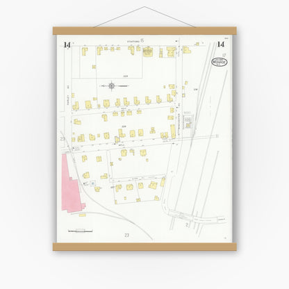 Old map wall art mockup — magnetic wood frame on white wall — Sanborn Fire Insurance Map from Monroe, Union County, North Carolina (1930), Sheet #0014