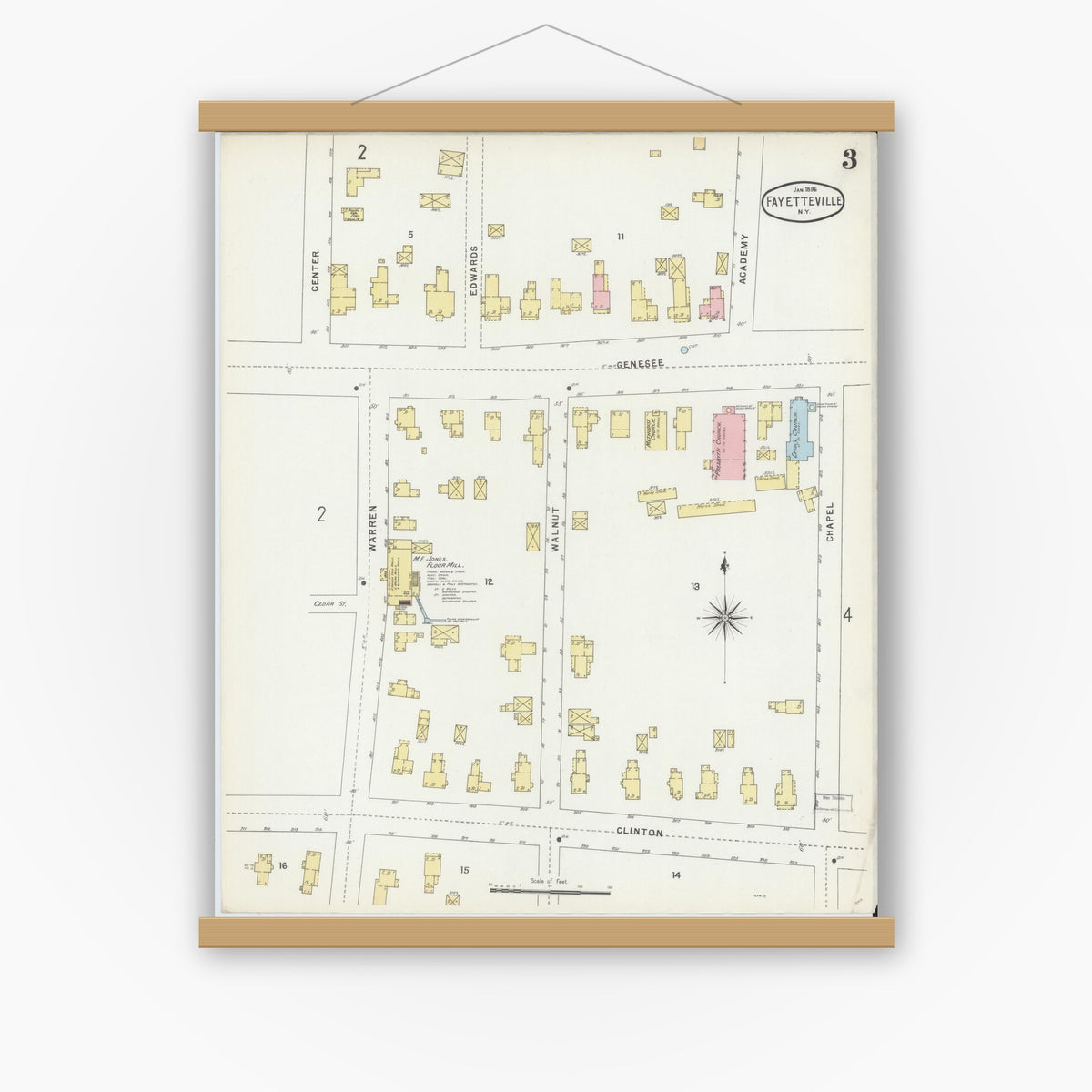 Old map wall art mockup — magnetic wood frame on white wall — Sanborn Fire Insurance Map from Fayetteville, Onondaga County, New York (1896), Sheet #0003