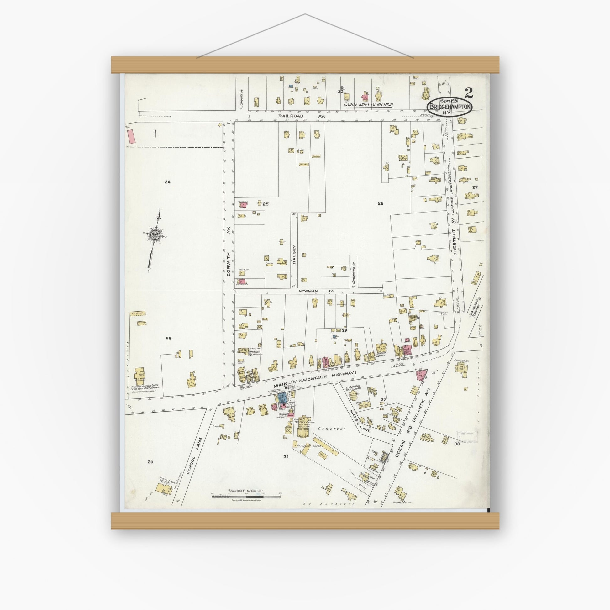 Old map wall art mockup — magnetic wood frame on white wall — Sanborn Fire Insurance Map from Bridgehampton, Suffolk County, New York (1920), Sheet #0002