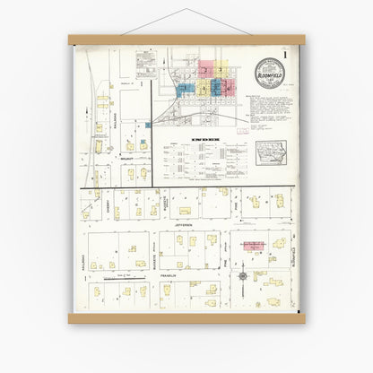 Old map wall art mockup — magnetic wood frame on white wall — Sanborn Fire Insurance Map from Bloomfield, Davis County, Iowa (1913), Sheet #0001