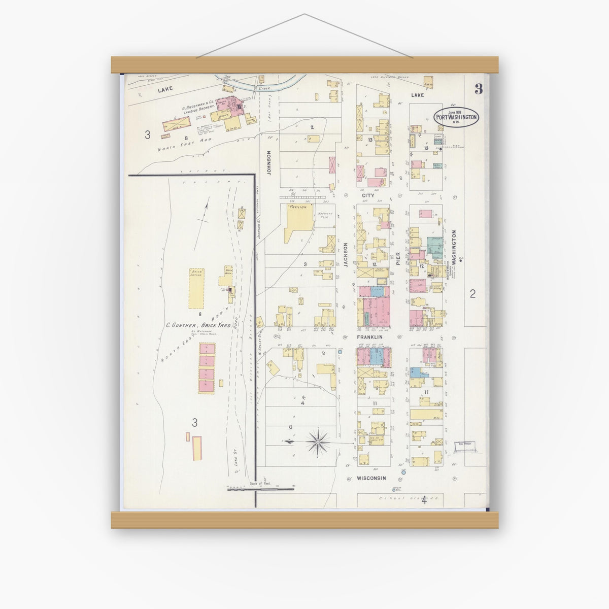 Old map wall art mockup — magnetic wood frame on white wall — Sanborn Fire Insurance Map from Port Washington, Ozaukee County, Wisconsin (1898), Sheet #0003