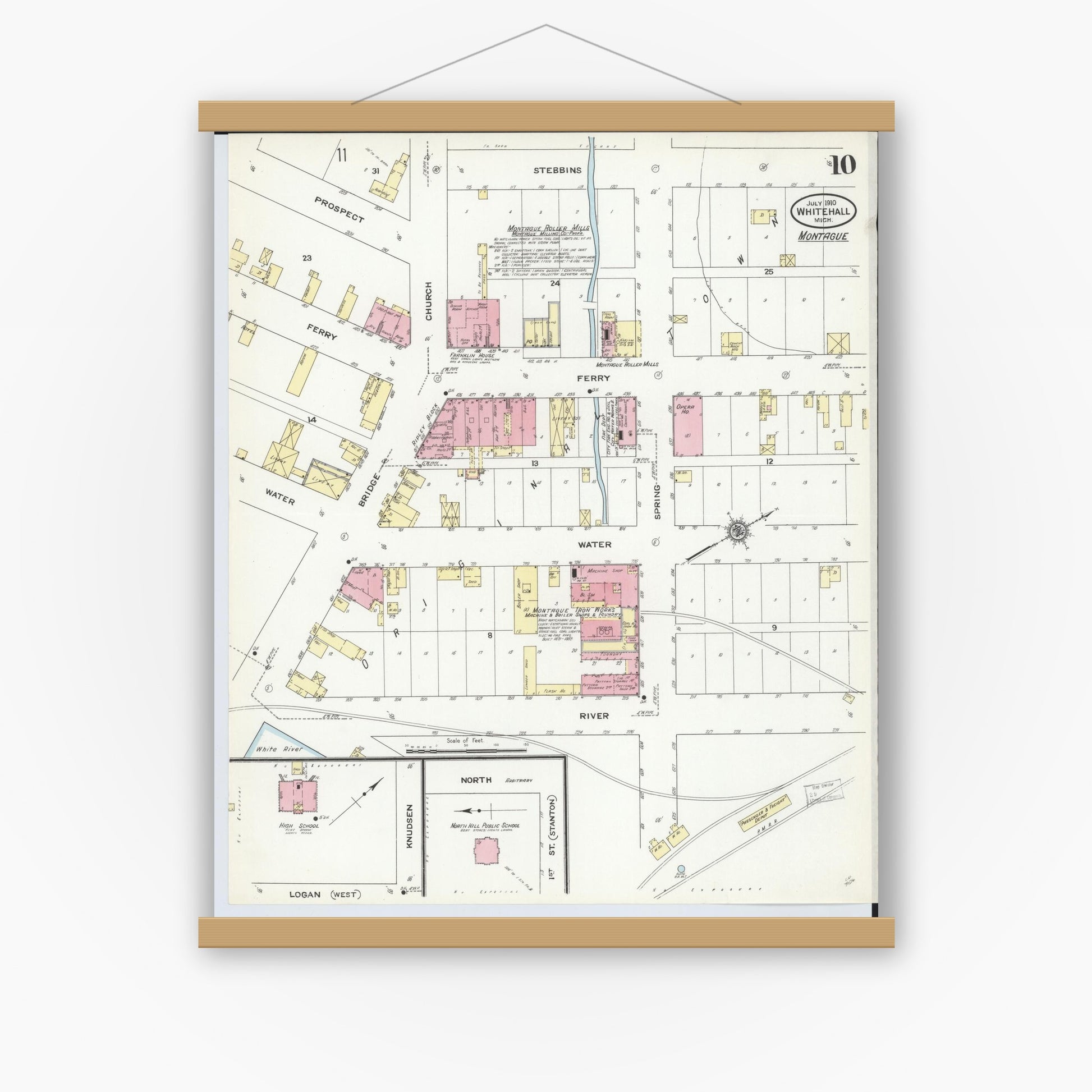 Old map wall art mockup — magnetic wood frame on white wall — Sanborn Fire Insurance Map from Whitehall, Muskegon County, Michigan (1910), Sheet #0010