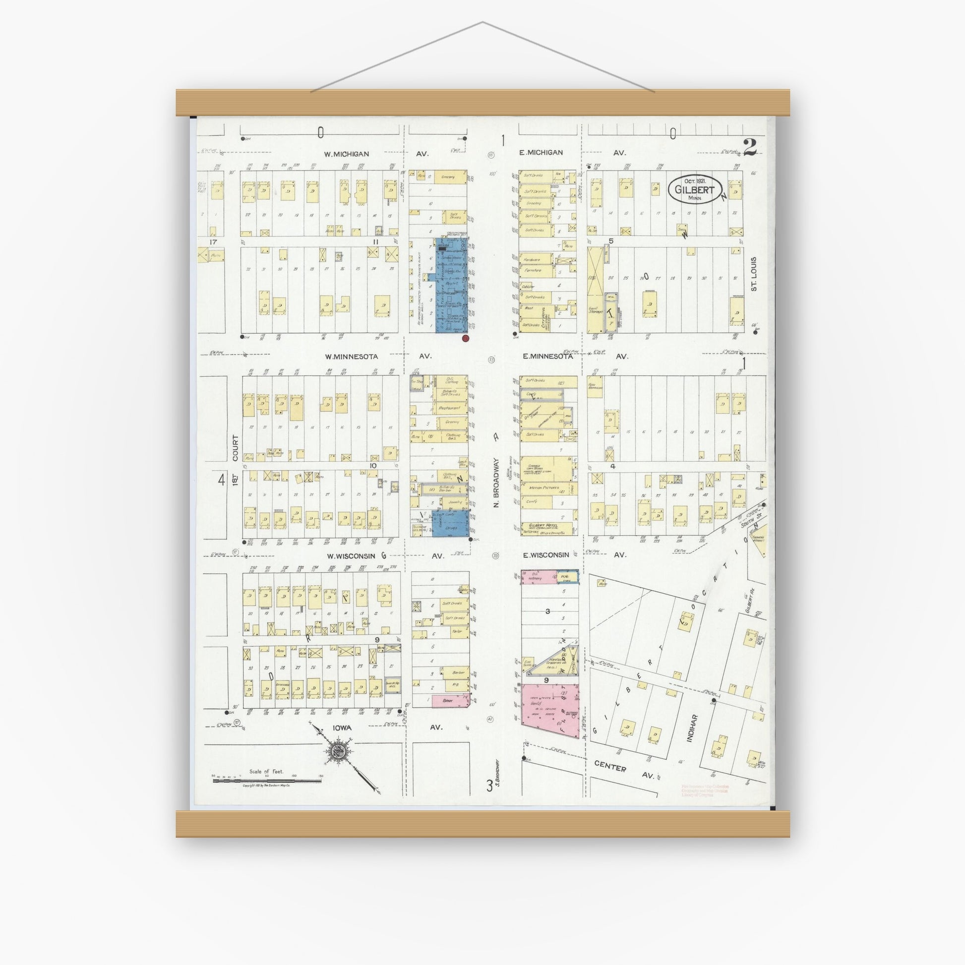 Old map wall art mockup — magnetic wood frame on white wall — Sanborn Fire Insurance Map from Gilbert, Saint Louis County, Minnesota (1921), Sheet #0002