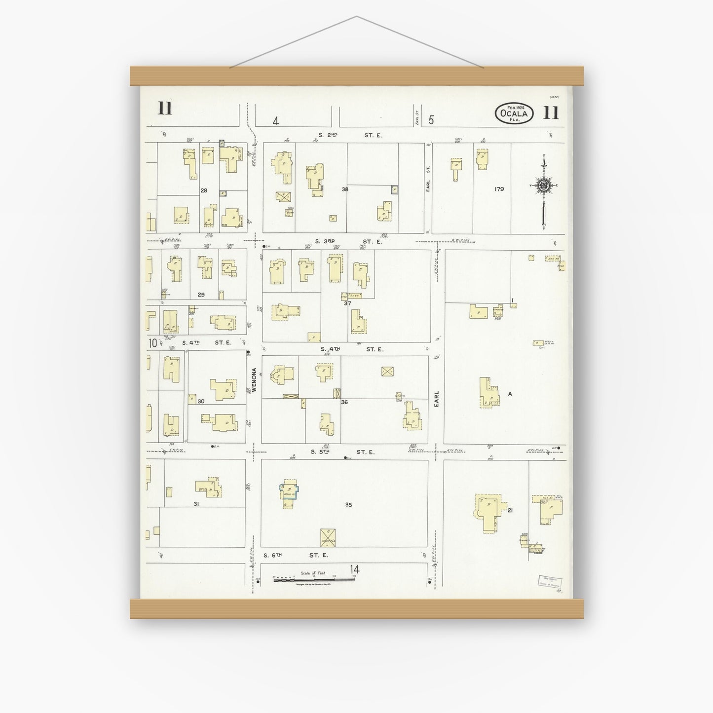Old map wall art mockup — magnetic wood frame on white wall — Sanborn Fire Insurance Map from Ocala, Marion County, Florida (1924), Sheet #0011