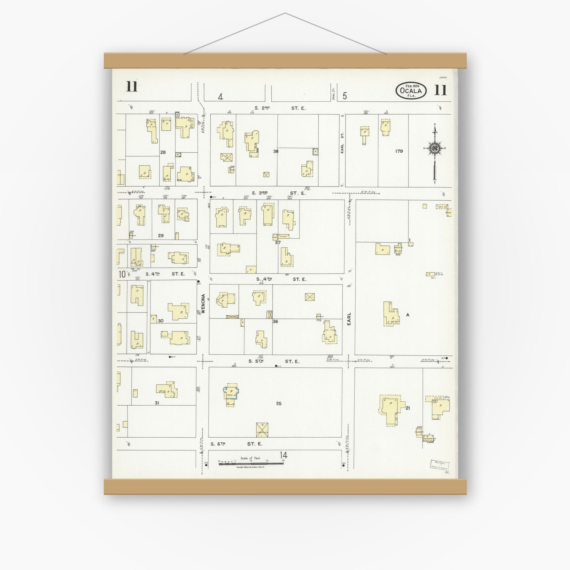 Old map wall art mockup — magnetic wood frame on white wall — Sanborn Fire Insurance Map from Ocala, Marion County, Florida (1924), Sheet #0011