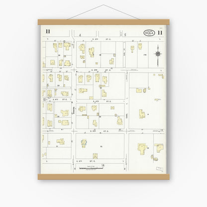 Old map wall art mockup — magnetic wood frame on white wall — Sanborn Fire Insurance Map from Ocala, Marion County, Florida (1924), Sheet #0011