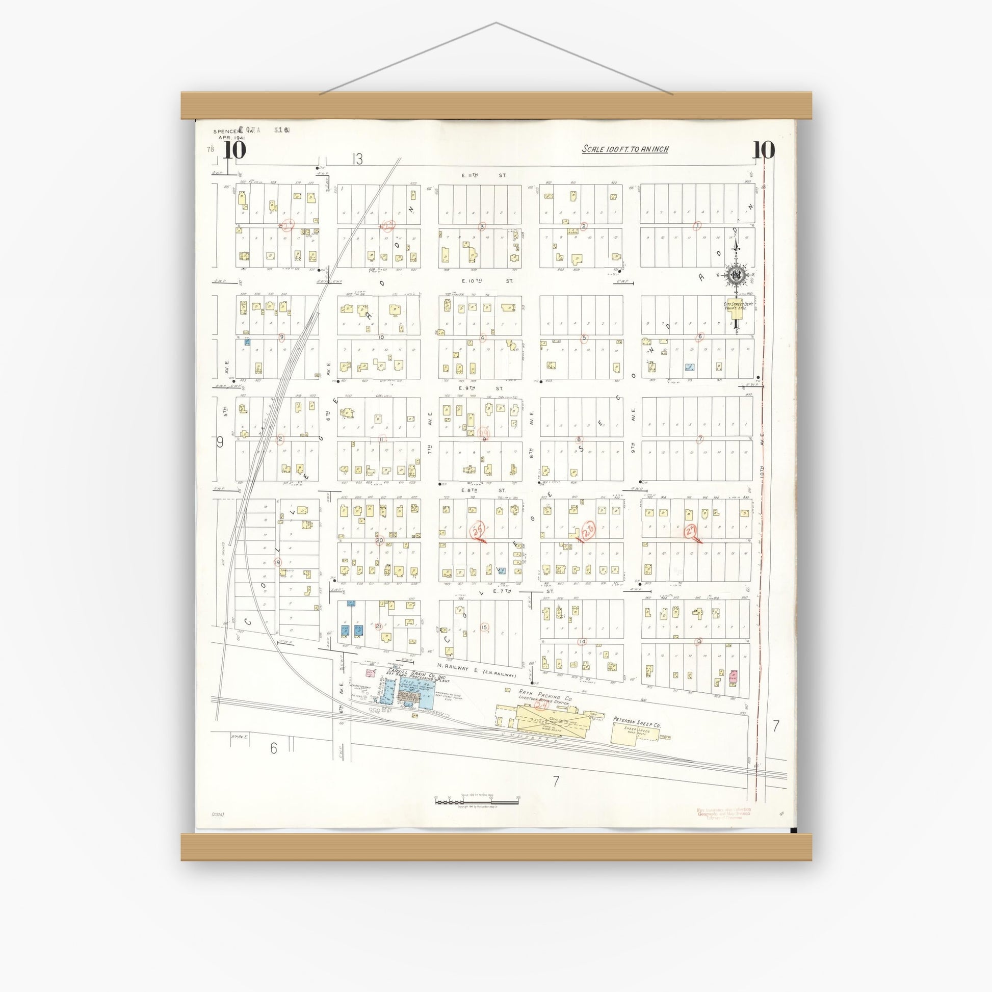 Old map wall art mockup — magnetic wood frame on white wall — Sanborn Fire Insurance Map from Spencer, Clay County, Iowa (1946), Sheet #0010