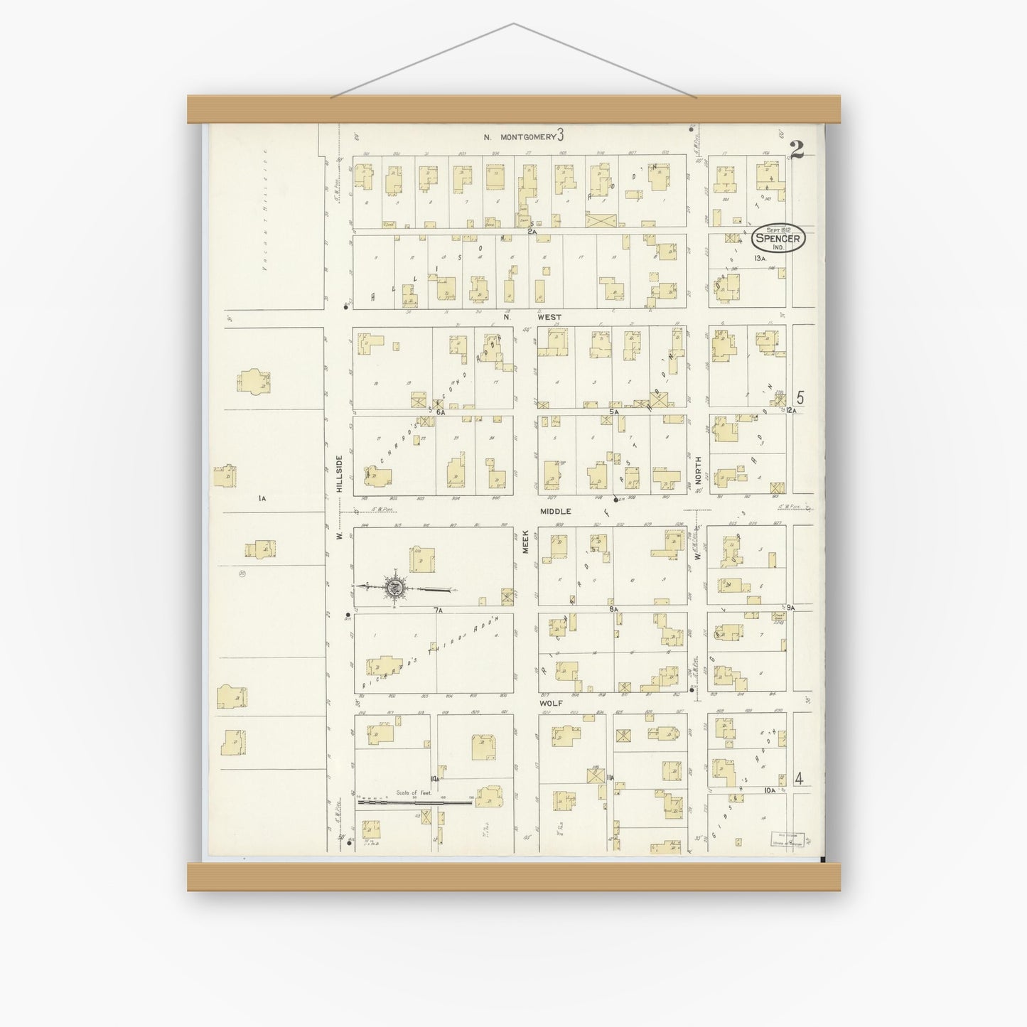 Old map wall art mockup — magnetic wood frame on white wall — Sanborn Fire Insurance Map from Spencer, Owen County, Indiana (1912), Sheet #0002