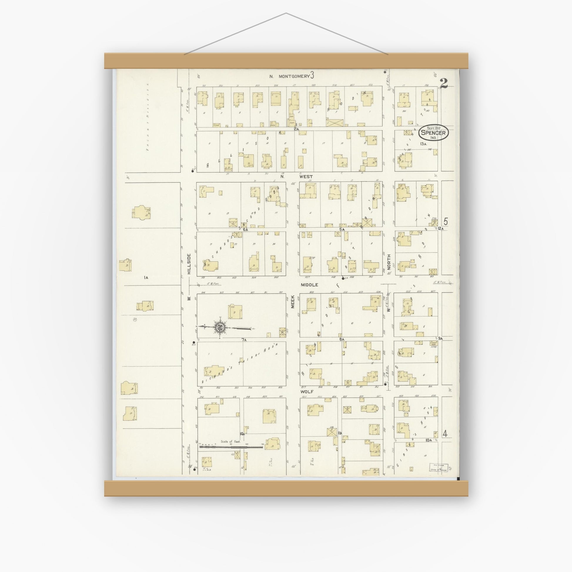Old map wall art mockup — magnetic wood frame on white wall — Sanborn Fire Insurance Map from Spencer, Owen County, Indiana (1912), Sheet #0002