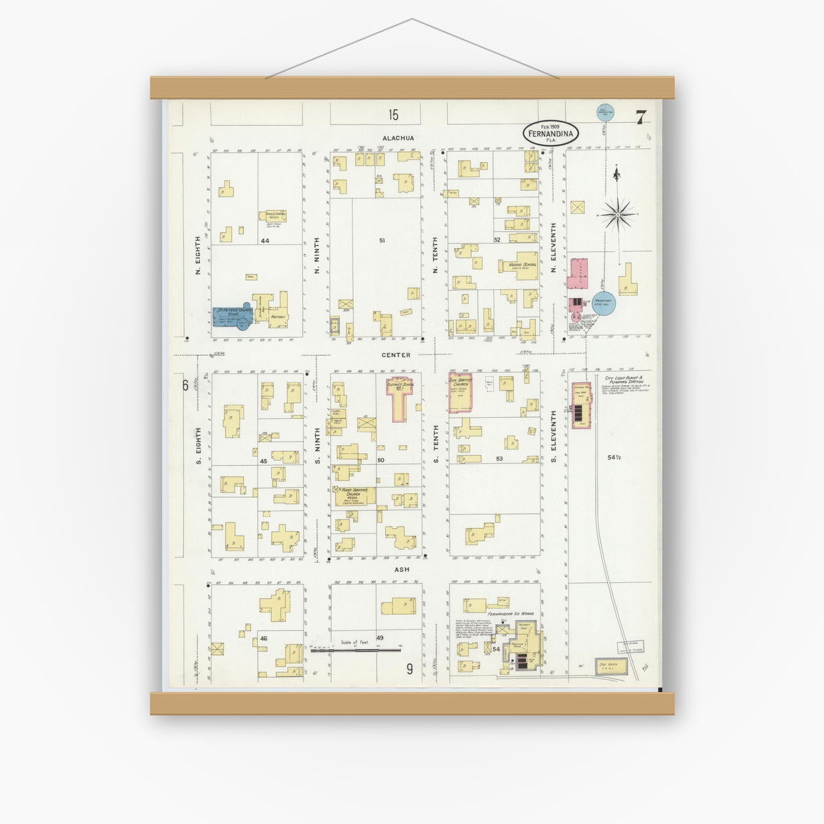 Old map wall art mockup — magnetic wood frame on white wall — Sanborn Fire Insurance Map from Fernandina, Nassau County, Florida (1909), Sheet #0007