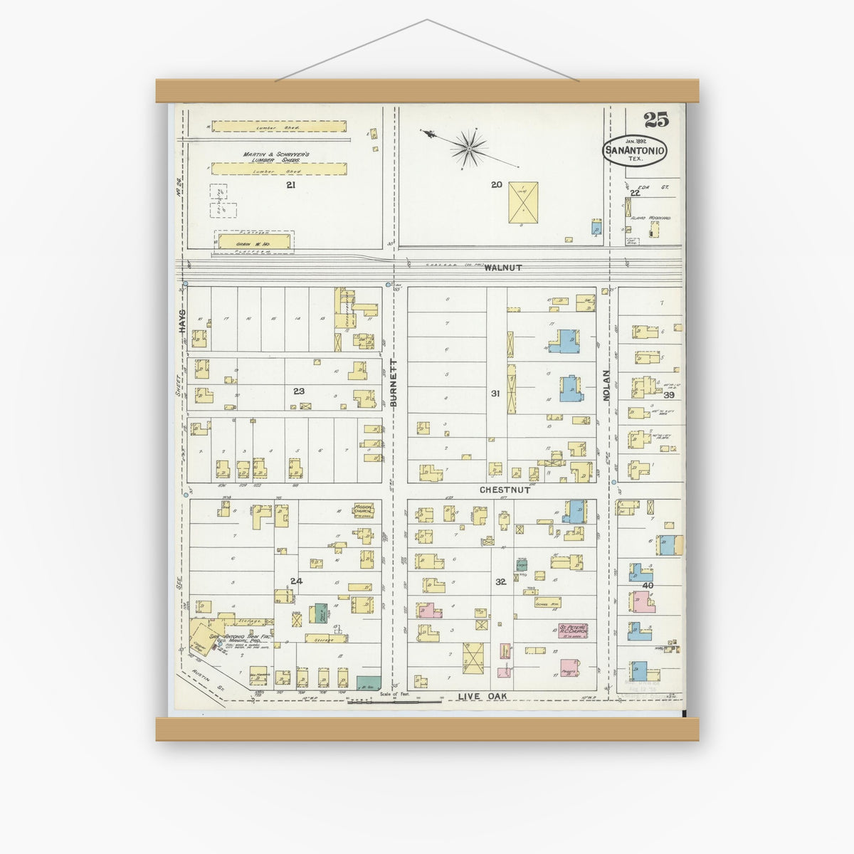 Old map wall art mockup — magnetic wood frame on white wall — Sanborn Fire Insurance Map from San Antonio, Bexar County, Texas (1892), Sheet #0025