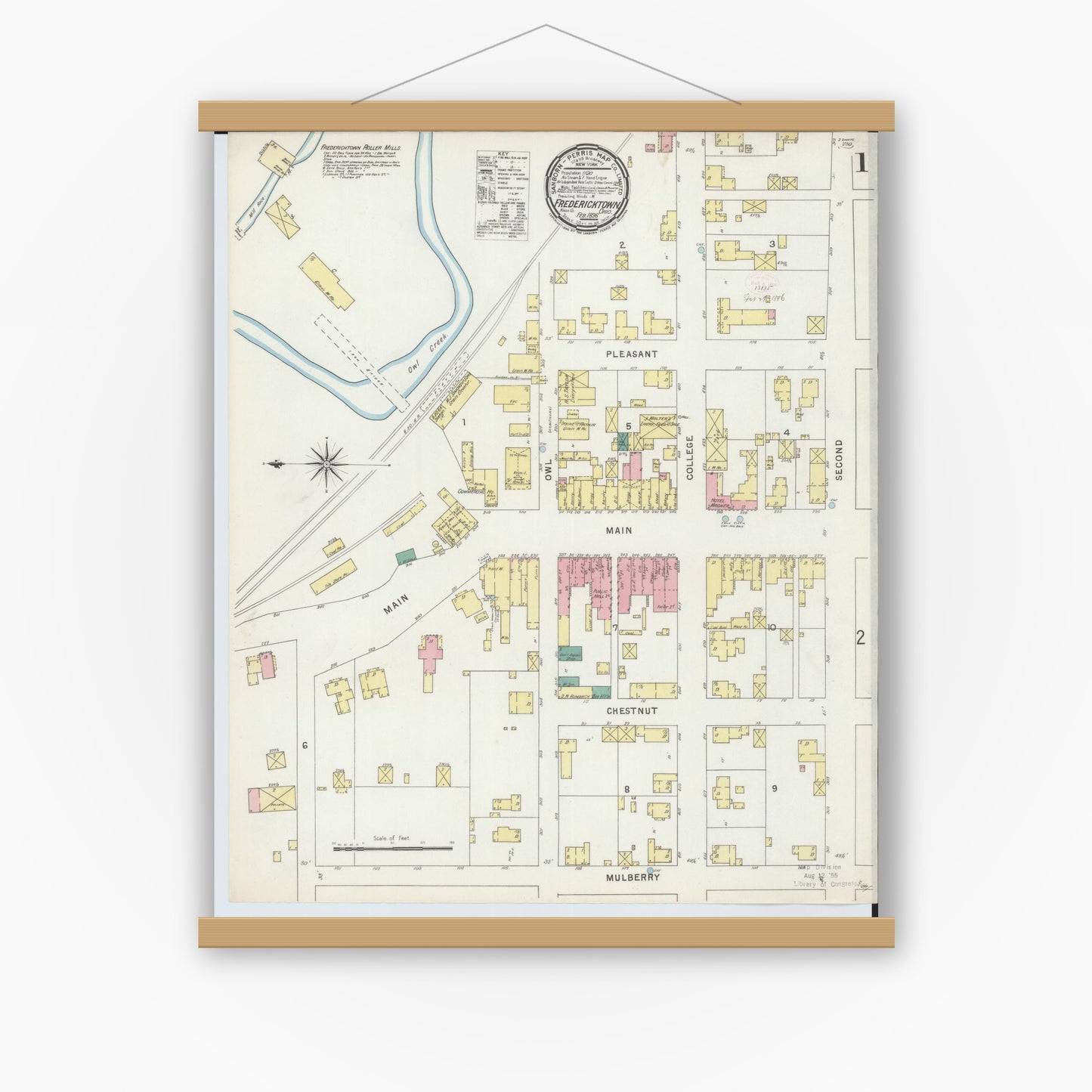 Old map wall art mockup — magnetic wood frame on white wall — Sanborn Fire Insurance Map from Fredericktown, Knox County, Ohio (1896), Sheet #0001