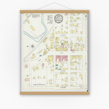 Old map wall art mockup — magnetic wood frame on white wall — Sanborn Fire Insurance Map from Fredericktown, Knox County, Ohio (1896), Sheet #0001