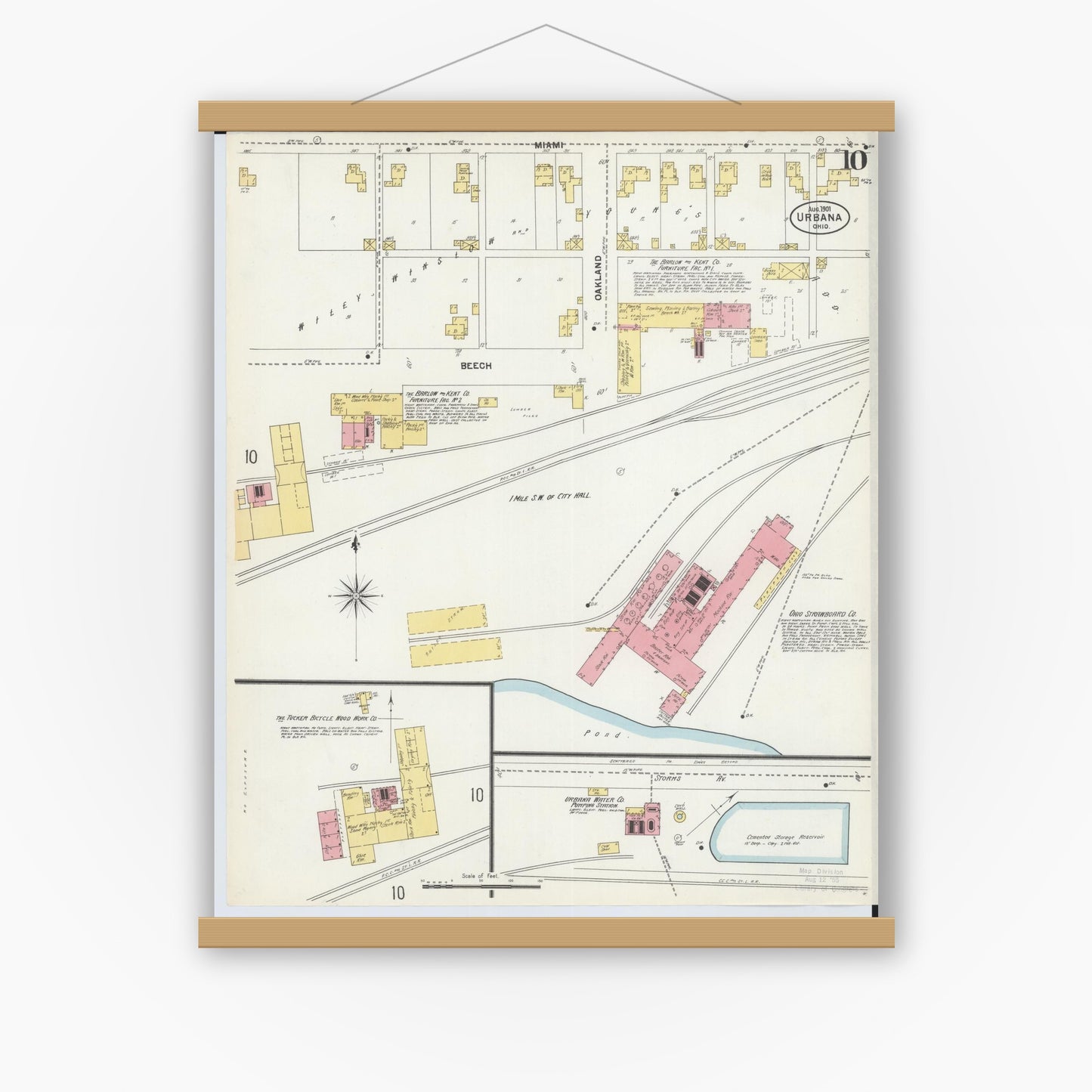 Old map wall art mockup — magnetic wood frame on white wall — Sanborn Fire Insurance Map from Urbana, Champaign County, Ohio (1901), Sheet #0010