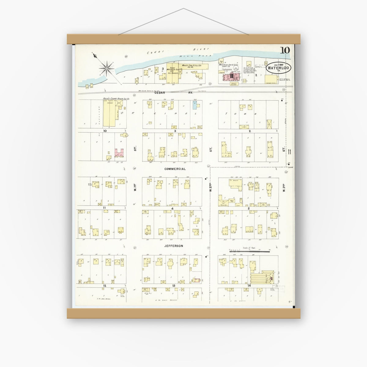 Old map wall art mockup — magnetic wood frame on white wall — Sanborn Fire Insurance Map from Waterloo, Black Hawk County, Iowa (1897), Sheet #0010