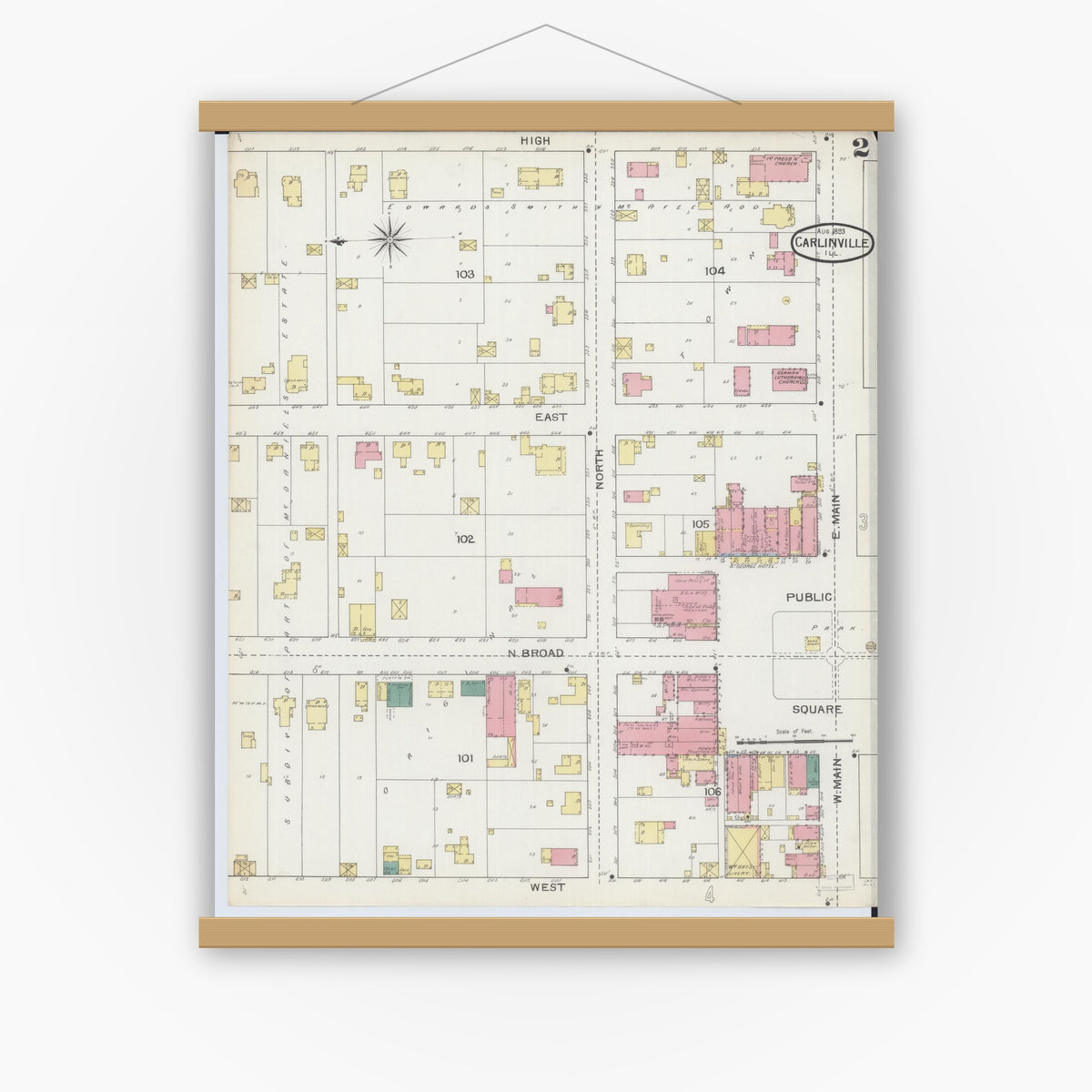 Old map wall art mockup — magnetic wood frame on white wall — Sanborn Fire Insurance Map from Carlinville, Macoupin County, Illinois (1893), Sheet #0002